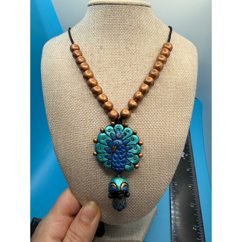 Handmade Polymer Clay Peacock Pendant Necklace Bronze Teal Blue Boho Artisan